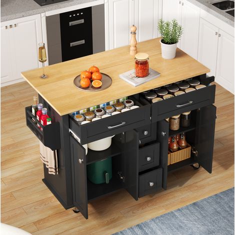 Îlot de cuisine 140x40x89 cm noir et naturel en MDF avec plateau rabattable et roulettes (1/5)