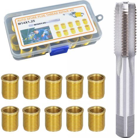 Kit de réparation de trous filetés de bougies d'allumage M14 x 1,25 mm (10 pièces) avec taraud, en métal, pour moteurs essence, générateurs et moteurs diesel (doré)