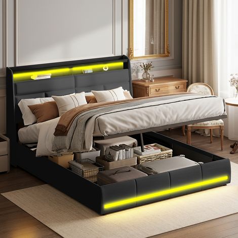 Lit coffre 160x200 cm - Lit rembourré avec vérins hydrauliques - Éclairage LED contrôlé par application - Cadre de lit en métal - PU Matériel - Noir (1/5)