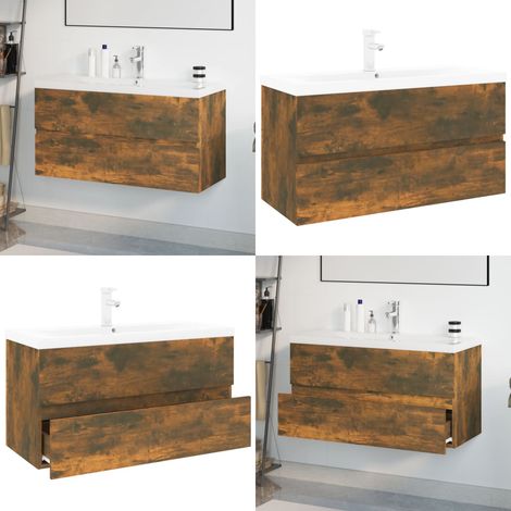 Meuble lavabo avec bassin intégré Chêne fumé Bois d'ingénierie - Meuble Lavabo - Meuble Salle De Bain - Vasque Intégrée - Rangement Salle De Bain - Design Moderne - Home & Living (1/5)
