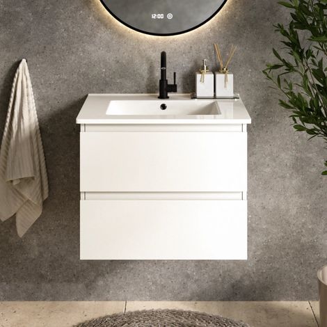 Norvi Badezimmermöbel Weiß mit Keramikwaschbecken 60 cm – Wandhängender Waschtischunterschrank – Schubladen mit Soft-Close-Funktion – Feuchtigkeitsbeständig – Pflegeleichte Oberfläche – Großzügiger St (1/5)