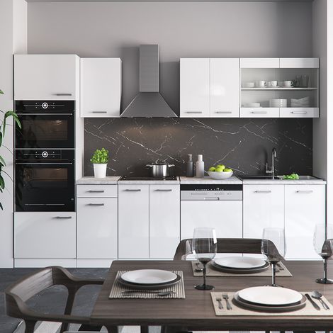 Mueble de cocina R-Line, Blanco, 300 cm con armario alto, ET Mármol, Vicco (1/5)