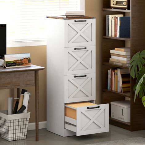 Caisson de Bureau avec 4 Tiroirs, Dossiers Suspendus pour Formats Lettre/A4, Style Rustique, 40x40x131cm, Blanc (1/5)
