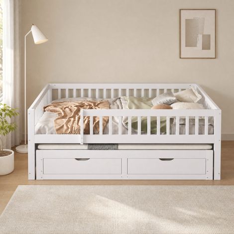 Letto divano 140 x 200 cm con letto estraibile e 2 cassetti, legno, bianco, REDOM (1/5)