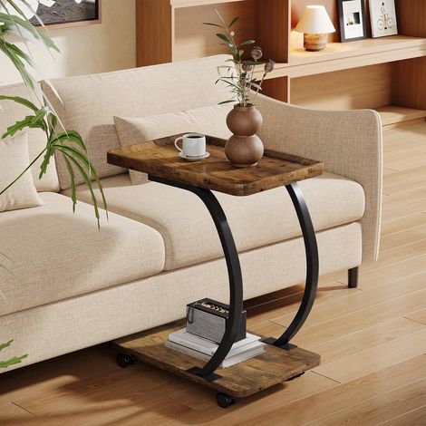 Tribesigns Table d'appoint à roulettes en forme de C, petite table basse industrielle à 2 étages, table d'appoint en bois avec structure en métal pour chambre à coucher, petit salon, marron rustique (1/5)