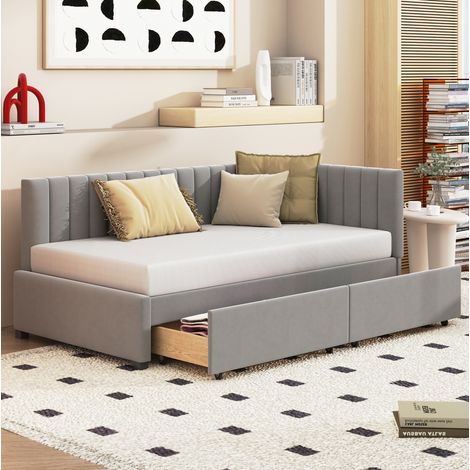 Cama nido 90x200 cm gris tapizada, con 2 cajones y somier de lamas (1/5)