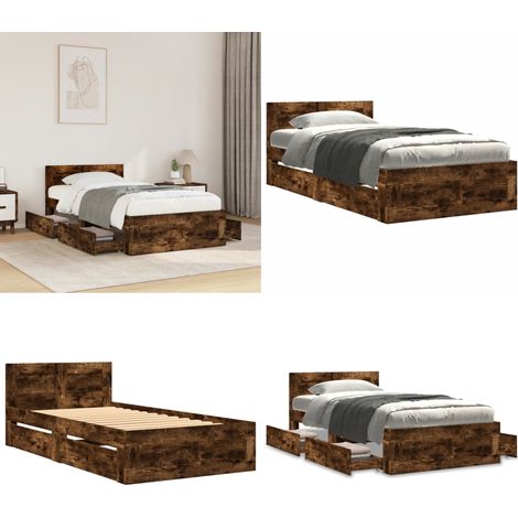 Cama con cabecero madera de ingeniería roble ahumado 75x190 cm - Madera de ingeniería - Cama con cajones