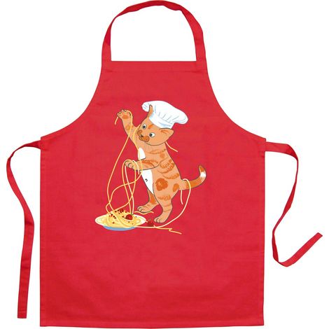 Tablier de Cuisine pour Enfant en Coton Recyclé Ajustable Motif Chat Rouge 52 x 63 cm - PANGIVO