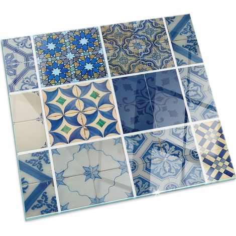 Funkenschutzplatte für Kamin Schutzplatte Design Hartglas Dekorative Glasbodenplatte Glasboden Motiv Keramikfliesenmuster Quadratisch 60x60 cm