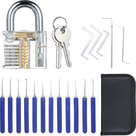 Kit de crochetage de 17 pièces avec cadenas d'entraînement transparent, idéal pour débutants, professionnels et enfants.