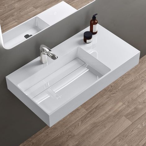 doporro Lavabo Bagno Sospeso Lavabo da Appoggio Rettangolare in Marmo Resina Bianco Lucido, Vasca a Sinistra 90x48x13 cm con 1 Foro Rubinetto e Piletta Scarico, Colossum12 (1/5)