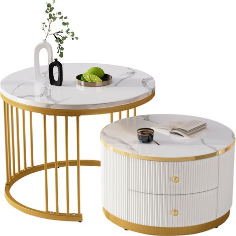 CHICFURN Mesas de centro nido 60x60x45,5 y 50x50x32 cm MDF blanco 2 cajones (1/5)