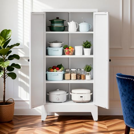 Armoire de rangement en métal blanc avec espace de rangement réglable et 3 étagères (charge maximale 49,9 kg), robuste et autoportante, idéale pour la cuisine, le cellier et le salon. Dimensions : H 1 (1/5)