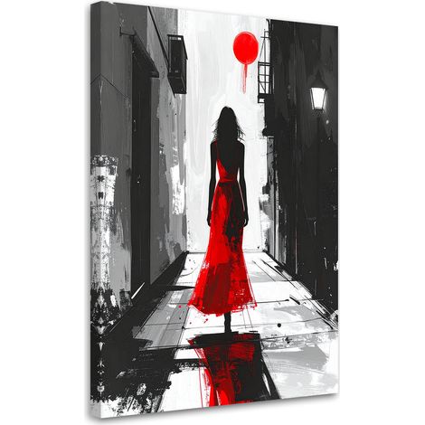 Cuadro en Lienzo, Mujer con vestido rojo caminando por una calle estrecha, 20x30 (1/5)
