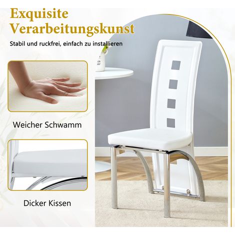Set de 2 chaises de salle à manger design européen, dossier ajouré, blanc simili-cuir PU avec pieds en métal argenté, hauteur 102,5 cm, idéales pour salle à manger ou salon moderne. (1/5)