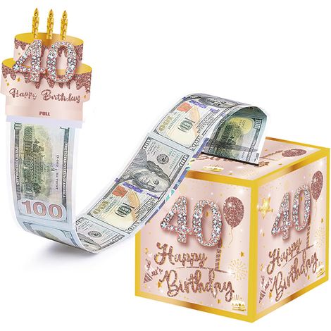 Boîte à argent 40 ans avec 100 sacs transparents, rose or, carte surprise et déco fête (1/4)
