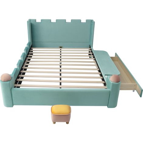 Lit double enfant 140x200 cm bleu-vert en velours français avec rangement MODENUIT (1/5)
