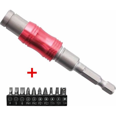 Rouge Argent + jeu de 10 têtes P Adaptateur de rallonge pour embouts de tournevis multi-angles, rallonge à tige hexagonale autobloquante de 6,35 mm pour tournevis électrique haute puissance, à dégagem (1/5)