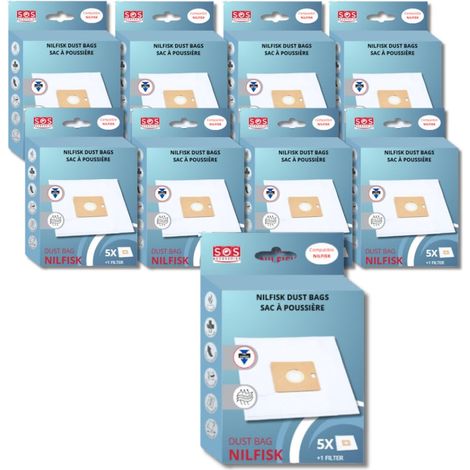 Ersatzteil - SOS Accessoire Lot de 9 boîtes de 5 sacs avec 1 pre filtre COUPE/COMPACT/GO/FORCE pour Aspirateur NILFISK 78602600, 22422400 - - NILFISK, FAKIR