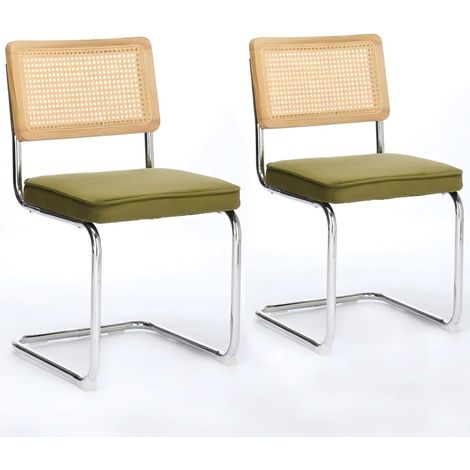 Lot de 2 Chaises Salle à Manger Mid-Century Modern – Velours Vert Olive, Dossier Rotin Tressé, Base Chrome, Design Cantilever (1/5)