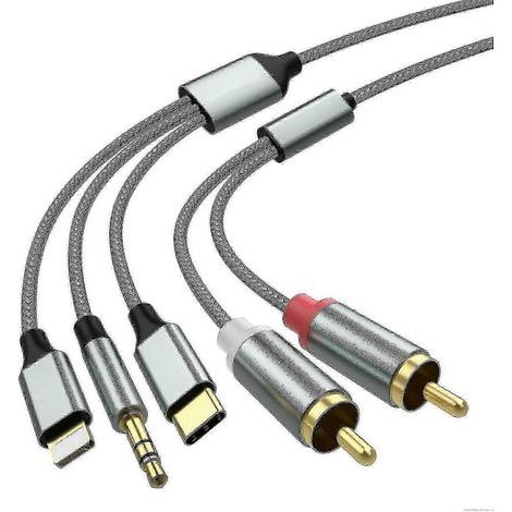 Câble audio 3-en-1 Lightning RCA USB-C vers RCA 3.5 mm pour haut-parleurs de voiture et home cinéma (Europe) (1/5)