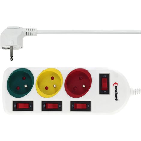 Cable alargador, regleta con interruptores, 1,5 m, 3 enchufes, blanco