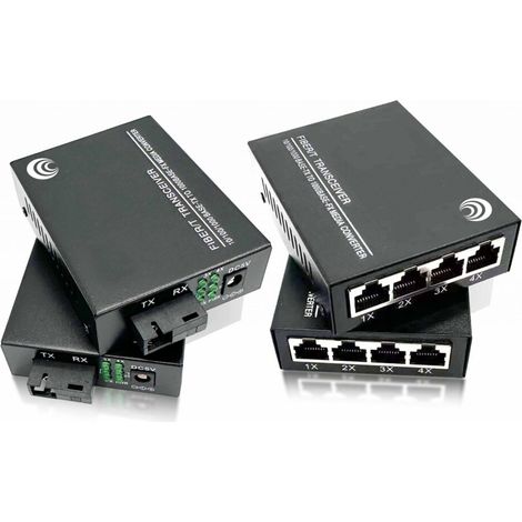 Elfcam Glasfaser-Ethernet-Konverter – 2er-Set – SC Singlemode, 4× SFP-Ports + 4× RJ45-Ports, bis zu 20 km – Inkl. SFP-Modul
