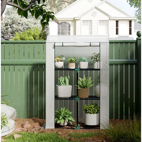 Serre de balcon 100x40x150 cm blanc en acier avec 3 étagères, porte enroulable et housse anti-UV (1/4)
