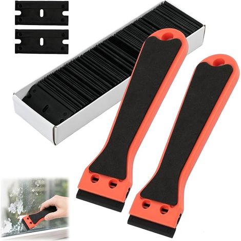 2 PCS Grattoir Plastique avec 100 Raclettes,Grattoir en Plastique,Long Manche Grattoirs,Grattoir Plaque Vitrocéramique,Grattoir de Nettoyage,Outil D’enlèvement D’autocollants (1/5)
