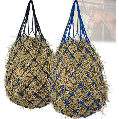 Lot de 2 filets à foin pour chevaux - Filet à foin pour chevaux - Maille étroite (6 cm) - Avec poignée tissée - Sac à foin pour chevaux, poneys, vieux chevaux, chèvres, animaux (1/5)
