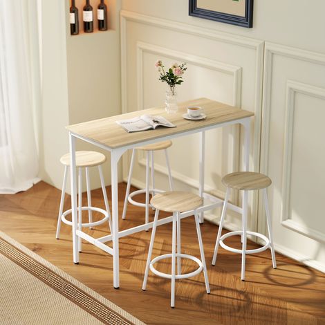 Bartisch und 4 Barhocker im Industriestil, Metallgestell, für Küche und Wohnzimmer, Natur und Weiß