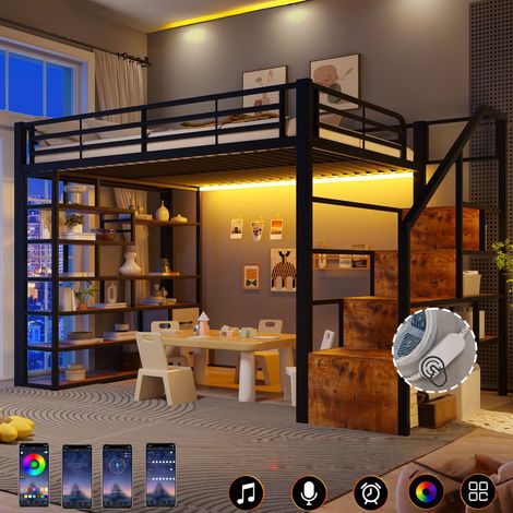 Cama alta 140x200 cm con estructura de hierro, estante y cajones de tela, cama litera infantil con barandilla de seguridad, escalera y tira LED – espacio de almacenamiento abierto bajo la cama, sin co (1/5)