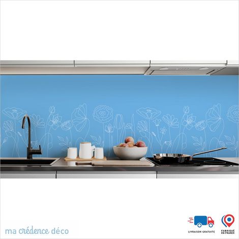 Crédence : Fleurs et dessin 3 - Couleur Bleu mer - Alu composite - 120 - 60 (1/3)