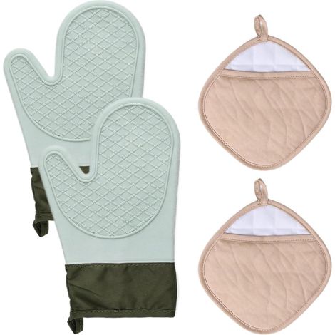 Gants de Four, Gant Four Anti Chaleur AntidéRapants, Gants de Cuisine Coton, avec 2 Maniques, Gants de Cuisine Antidérapants pour Grillades, Cuisine, Four, Micro-Ondes, Lavable (1/5)
