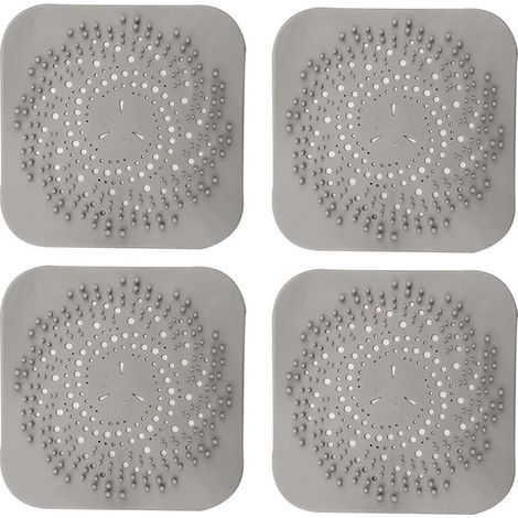Grille d'évacuation des cheveux carrée pour douche, en silicone avec ventouse, facile à installer, convient pour salle de bain, baignoire, cuisine, lot de 4 (gris-blanc), gris (1/5)