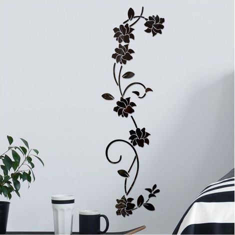 Miroirs muraux Flower Vine Acrylique Miroir Stickers Muraux,élégant Miroir Réglage Mur Autocollant,Mur Collant Miroir Décoration Murale pour La Maison Salon Chambre Décor, Noir (1/5)