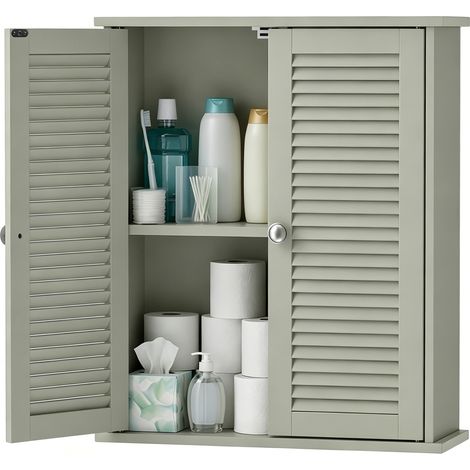 Armoire murale de salle de bain, meuble de rangement suspendu avec 2 portes persiennes et étagère réglable, vert (1/5)