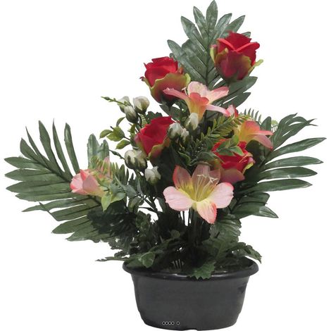 Jardinière fleurs artificielles Rose, Alstromeria et mini fleurs Rouge pour la Toussaint - couleur: Rouge