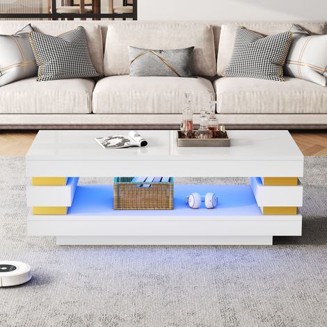 Table basse rectangulaire 100×50×35 cm – Panneau de particules – Éclairage LED intégré – Rangement ouvert modulable – Salon séjour – Déco contemporaine – Blanc (1/5)