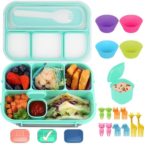 Bento box per bambini, contenitore per il pranzo con 4 scomparti, posate, forchette per animali e stampi per cupcake in silicone, a tenuta stagna, senza BPA, adatto al microonde, ideale per la scuola (1/5)