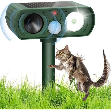 Repelente ultrasónico para gatos de exterior con LED solar e impermeabilidad IP65 para jardín, patio y terraza: repele gatos, perros, pájaros y roedores. (1/4)