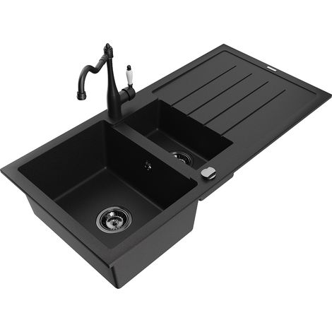 Mexen Andres fregadero de granito 1,5 senos con escurridor y grifo de cocina Carla, negro - 6515-77-670700-70-B (1/5)
