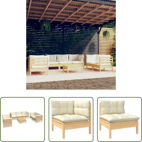 Terrassensofa - 8-tlg. Garten-Lounge-Set mit Creme Kissen Massivholz Kiefer (1/5)
