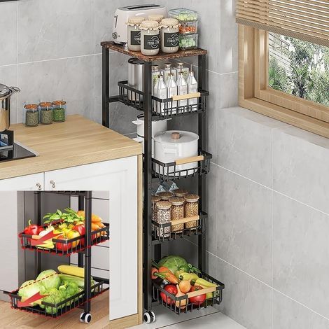 Panier en Fil métallique avec Roues, Chariot de légumes et de Fruits empilable pour Le Rangement de la Cuisine avec Coussin d'accoudoir en Bois Coulissant au Fond (1/5)