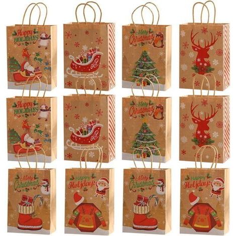 Sacs Cadeaux de Noël,12 Pièce Sac Cadeau Noel en Papier Kraft Pochette Cadeau Noel Reutilisable Sac Papier Cadeau Noel avec Poignée Pochettes de NoëL Sac en Papier pour Cadeau Bonbons Biscuits
