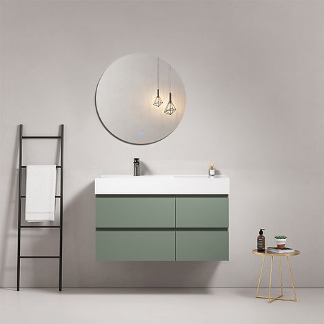 Mobile bagno sospeso 100 cm Verde Salvia Lavabo a Sinistra in Resina Specchio Tondo - Fiji Paint (1/4)