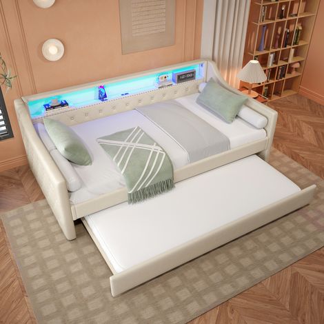 Letto estraibile 90x200 cm - divano letto con rete a doghe, LED, presa USB - letto di riposo senza materasso - lino, beige (1/5)