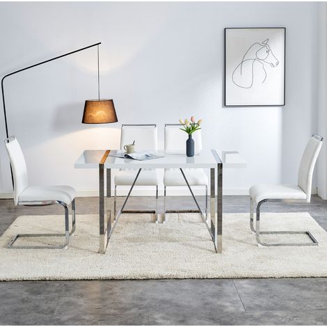 Sedia moderna da pranzo bianca in metallo con schienale ergonomico PU e lino, seduta 42 x 45 cm (1/5)