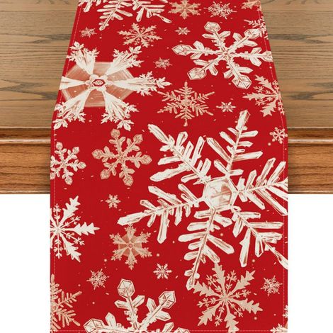 Chemise De Table De Noël - Motif Flocons De Neige - Lin Coton - 33 X 183 Cm - Décoration De Table Intérieure Extérieure - 1 Pièce