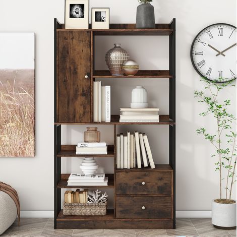Libreria nero marrone in pannello truciolare con ante e cassetti stile industriale (1/5)